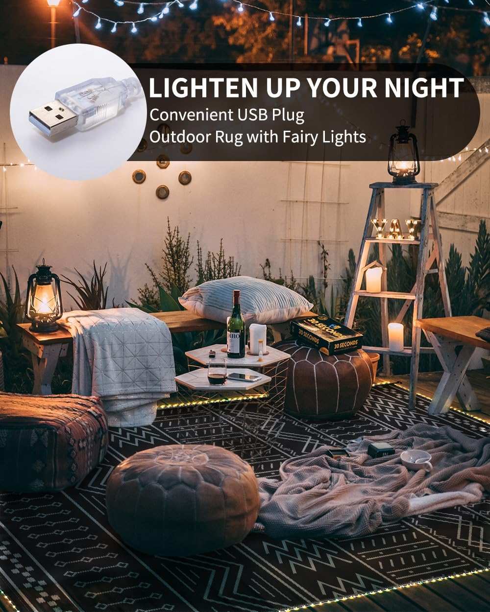 Outdoor Rug Carpet Waterproof 8x10 ft with LED Strip Lights-Patio Rug Mat Indoor Outdoor Rug for RV Camping Picnic Reversible Lightweight Plastic Straw Outside Rug for Patio Decor Decoration Boho Rug