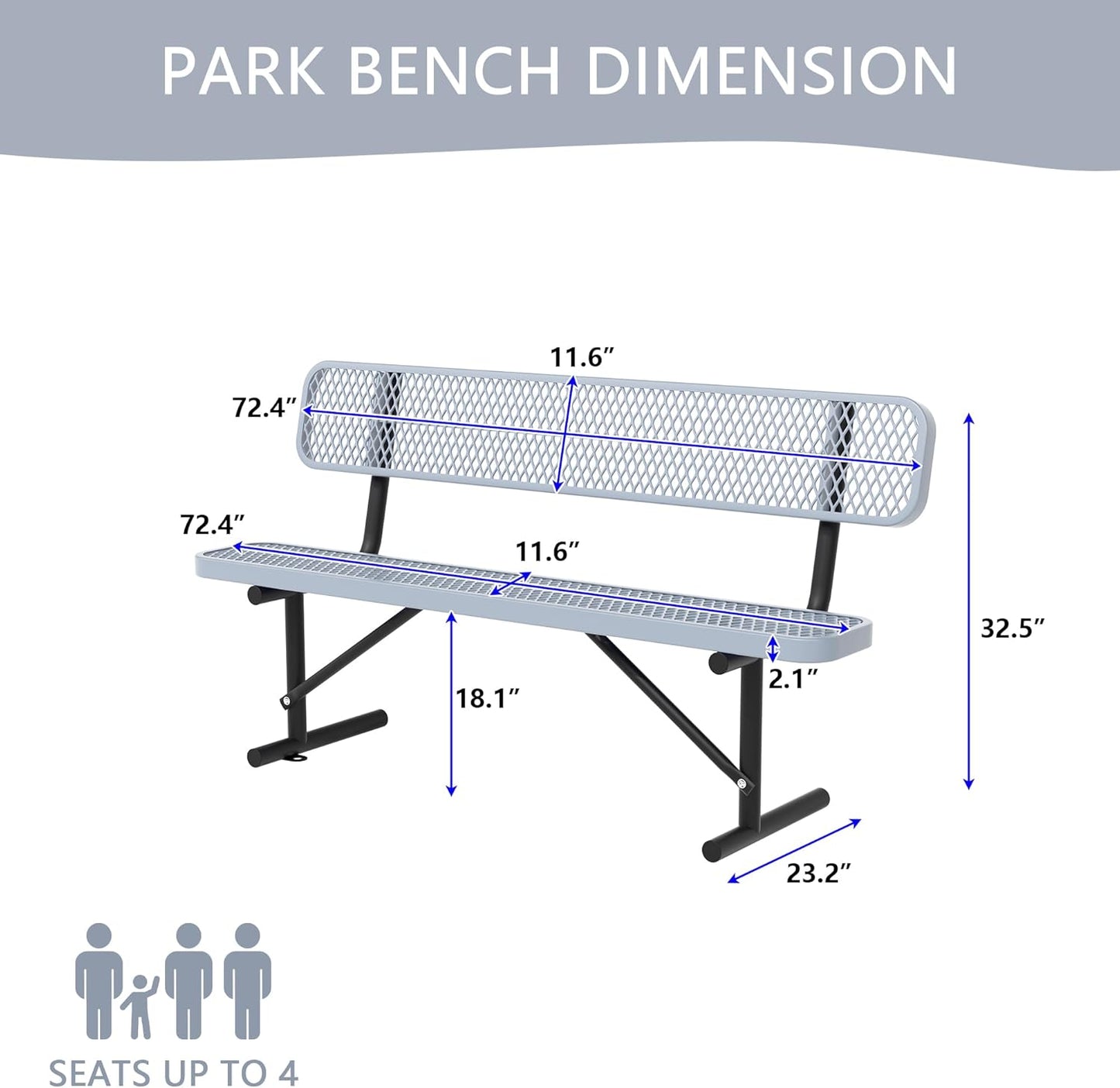 4/6/8 Feet Park Bench for Outside Heavy Duty Metal, Garden Benches Outdoor Bench with Backrest & Portable Frame, for Shopping Malls Stores Parks Patios Decks, Grey