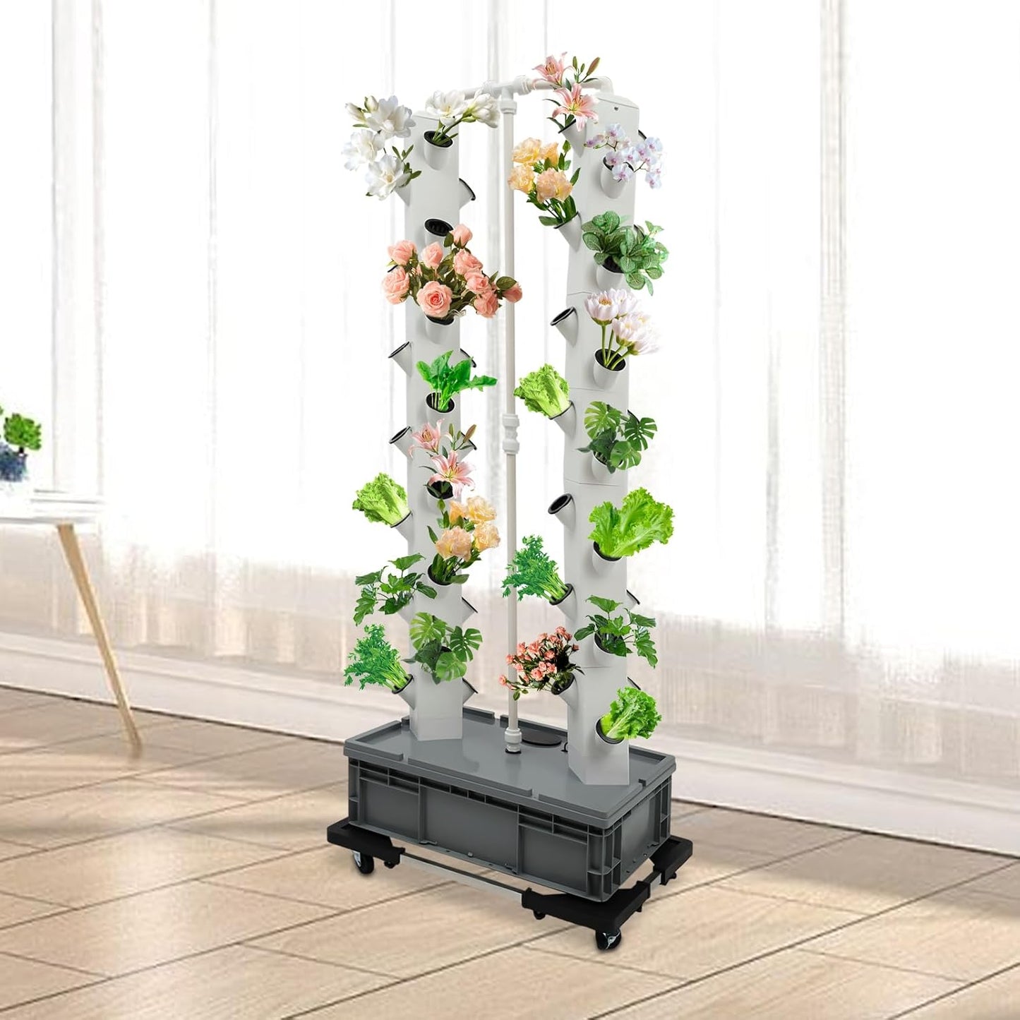 Hydroponic Growing System Indoor Outdoor, 56-Plant Vertical Garden Planter Germination Kit, Hydroponics Growing Tower, Smart Garden Vegetable Plant Kit with Pump & Wheels, Grey Base