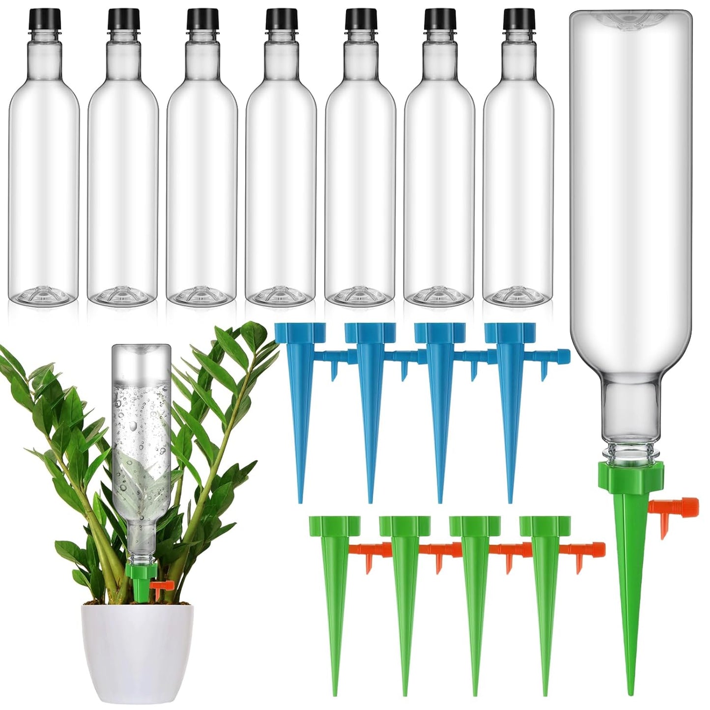 8 Set Plant Watering Devices with Self Watering Spikes and 26 oz Plastic Bottles Plant Waterer Devices with Adjustable Control Valve Switch Indoor Outdoor (Clear)