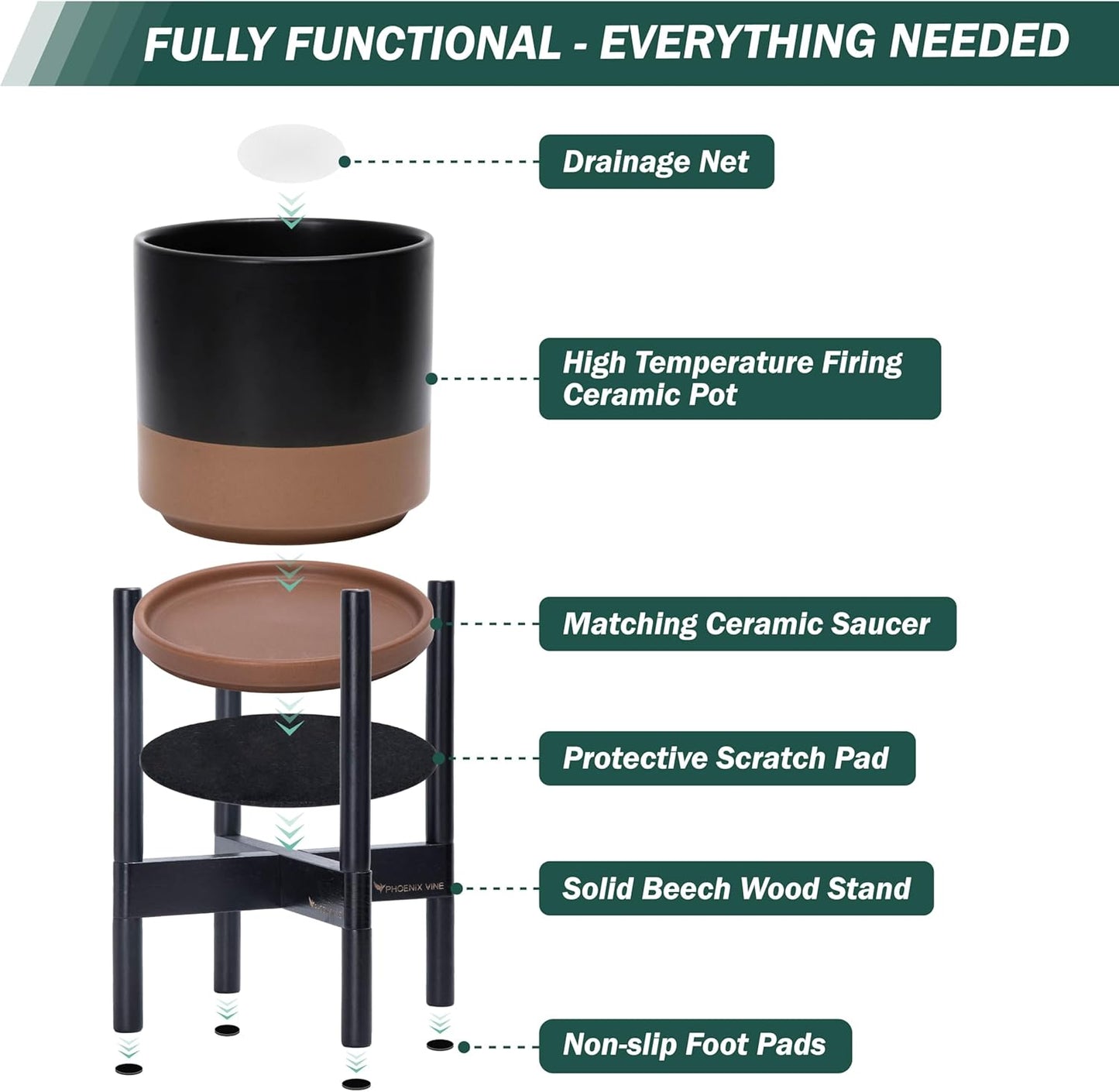 D'vine Dev Ceramic Planter with Ebony Stand - 10 Inch Modern Round Flower Pot with Wood Planter Holder, Black/Speckled Tan, 55-B-L-7