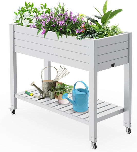 Elevated Horticulture Raised Garden Bed with Legs, Divisible Raised Resin Planter Box for Backyard, Patio, Balcony, with 4 Legs, 4 Swivel Lockable Wheels, and Storage Shelf,Ashen