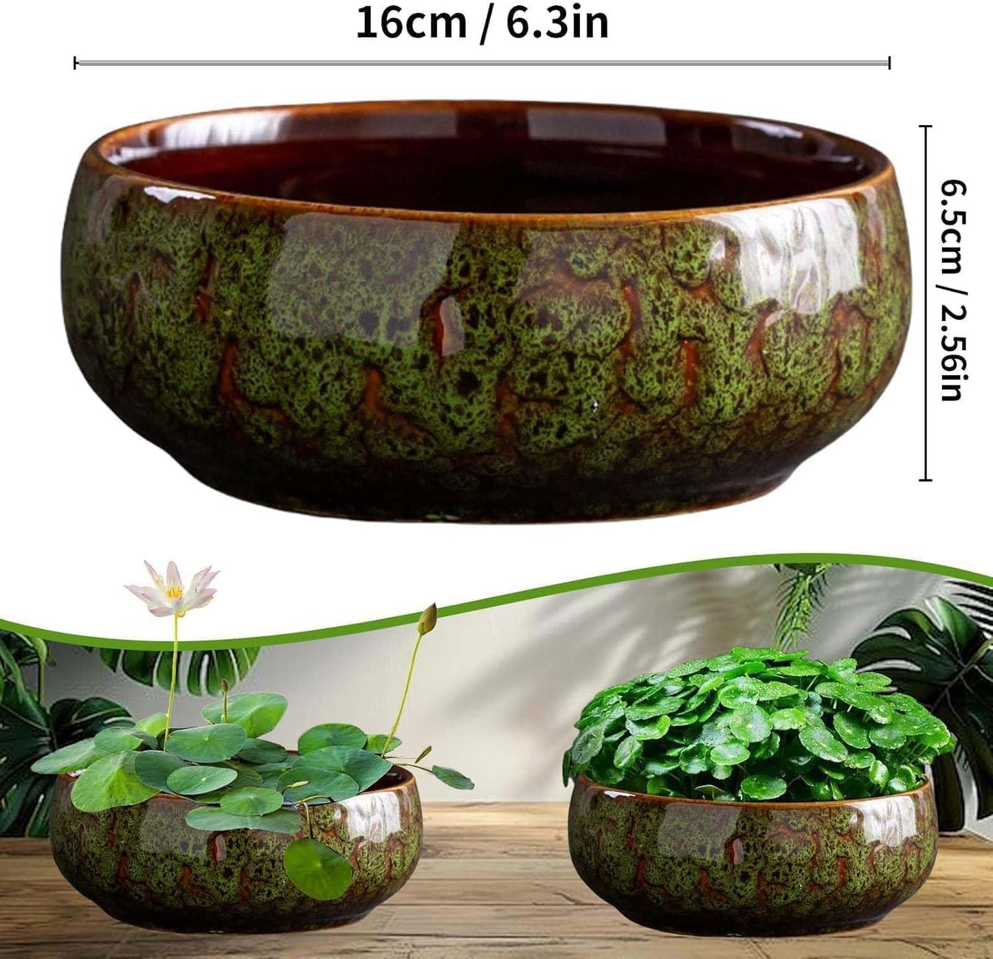 Lotus Bowl Planter, Lotus Bowls for Planting in Water Indoors, Ceramic Planters for Indoor Plants, Thickened Round Planter, for Succulent Plants Leak-Proof Design (Green)