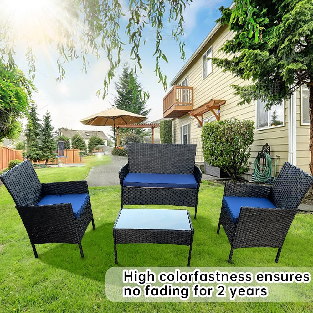 3-Pack Outdoor Patio Furniture Replacement Cushions Set–High-Elastic Sponge Cushions Fit 4-Piece Wicker Rattan Sofa, Loveseat & Chairs, 36x18x2 & 18x18x2, Waterproof, Fade-Resistant (Navy blue)