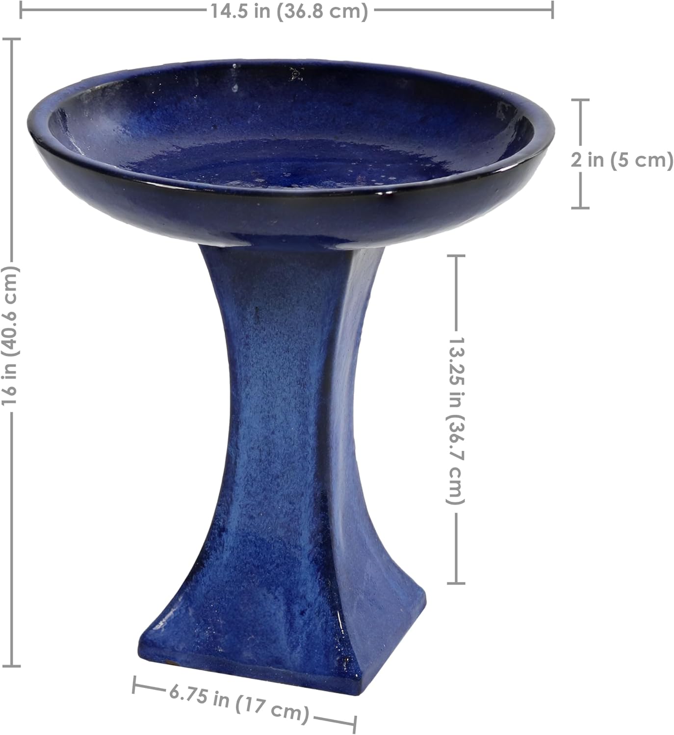 Sunnydaze Ceramic Bird Bath for Outside - 16" H - UV- and Frost-Resistant - Pedestal Bird Bath - Blue Glazed Bowl - Blue Glaze Finish