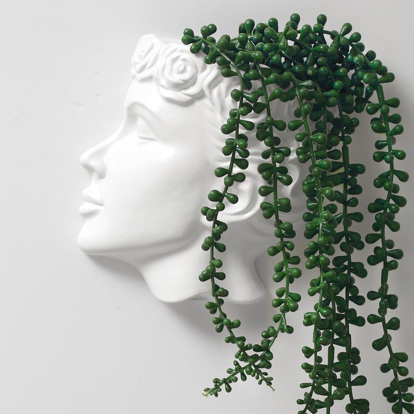 Side-Face Ceramic Planter – Glossy White, Wall-Hanging, with Drainage – 6.7"" Artistic Female Face Vase