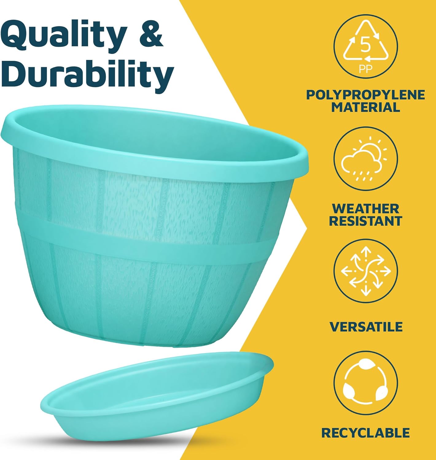 10-Inch Whiskey Barrel Planters Outdoor Pack of 5 - Durable Plastic Plant Pots for Indoor & Outdoor Use with Drainage & Saucer, Lightweight Rustic Barrel Planters for Flowers, Herbs & Small Plants