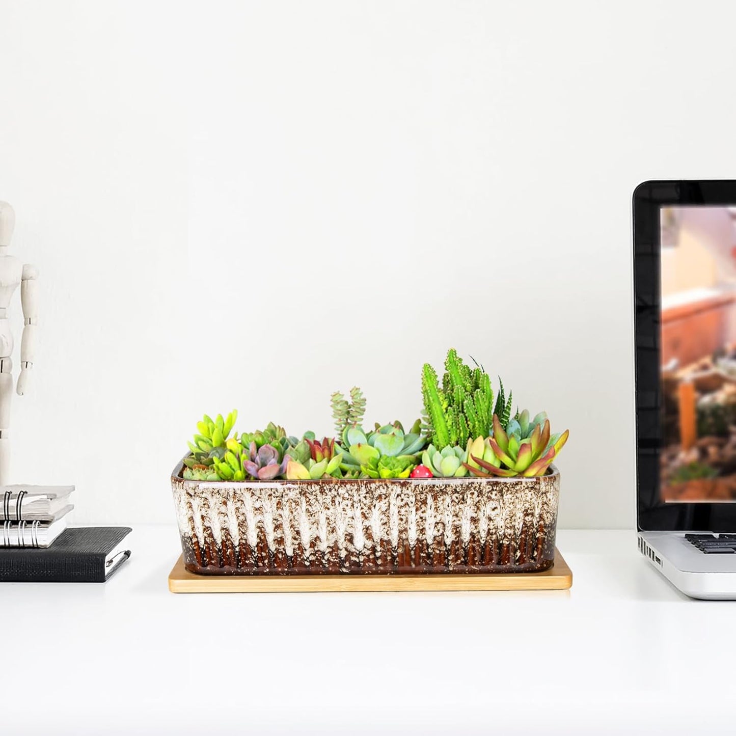 Succulent Pots - 12 Inch Large Succulent Planters with Drainage Tray, Window Sill Planter, Long Rectangle Ceramic Pots for Indoor Cactus Plants Shallow Bonsai Window Box for Home Garden Decor