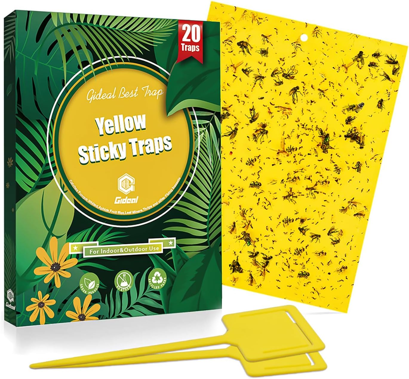 Gideal 20-Pack Dual-Sided Yellow Sticky Traps for Flying Plant Insect Such as Fungus Gnats, Whiteflies, Aphids, Leafminers,Thrips - (6x8 Inches, Included 20pcs Twist Ties)