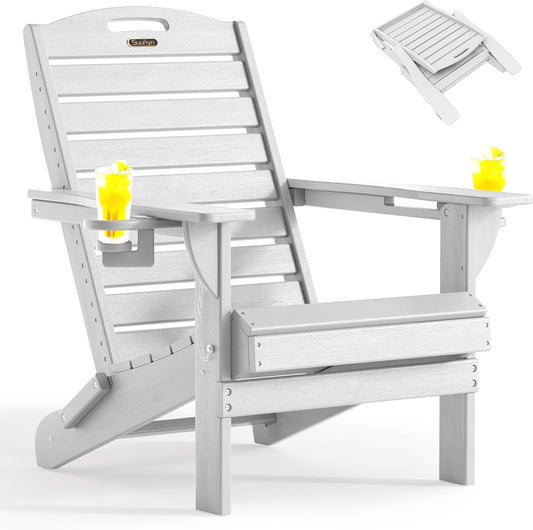 Folding Adirondack Chair HDPE All-Weather Adirondack Chairs with Cup Holder, Outdoor Fire Pit Chairs Lawn Chair for Deck Patio Garden (White)