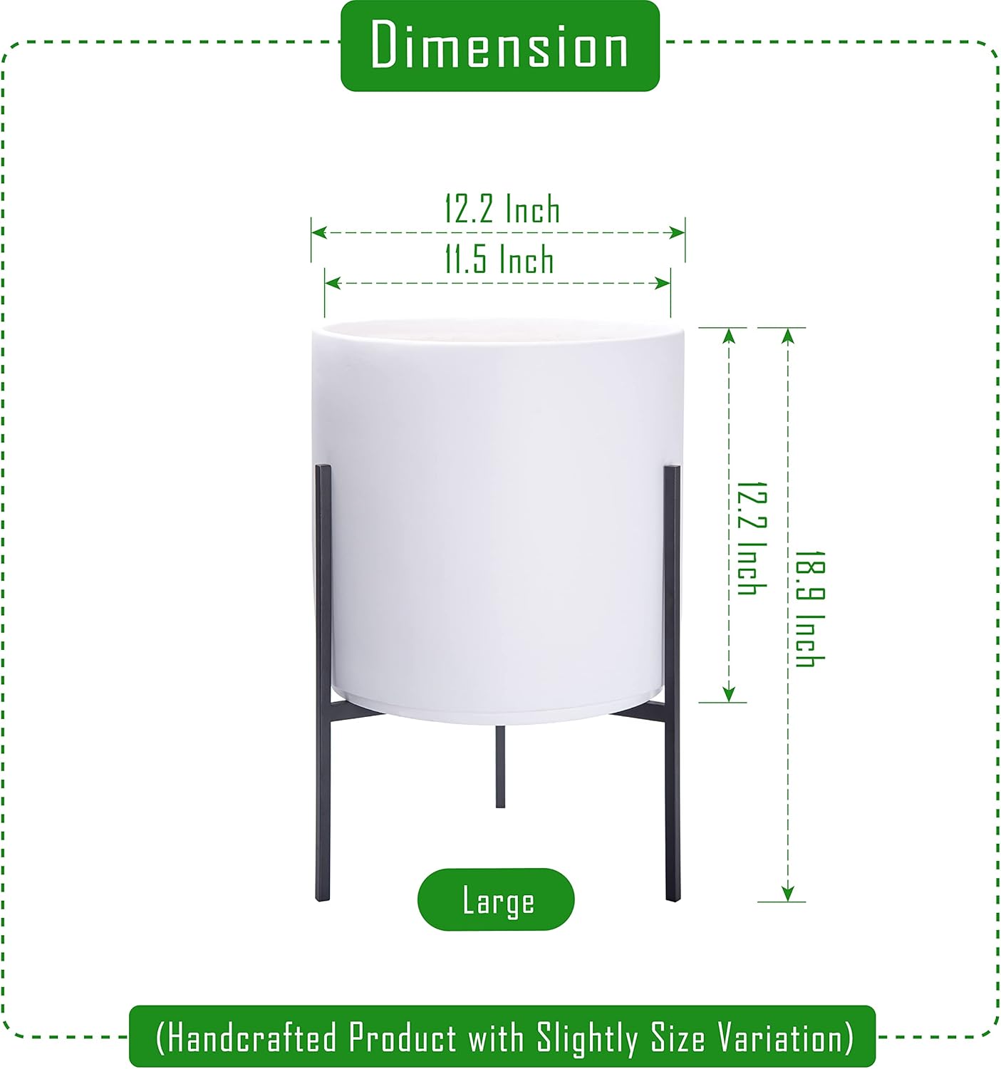D'vine Dev Modern White Plants Pot Cylinder Planter with Heavy Duty Stand, Large 12 Inch Pot, 18.9 Inch with Stand Height, 96-T-A-3