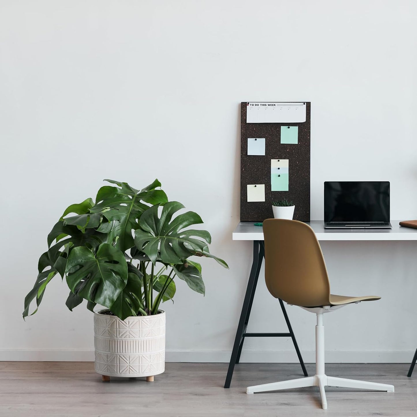 Ceramic Plant Pot with Foots: 10 Inch Planter with Wooden Legs - Large Pots for Indoor Plants - Modern Flower Pot for Home Office Patio Garden Windowsill