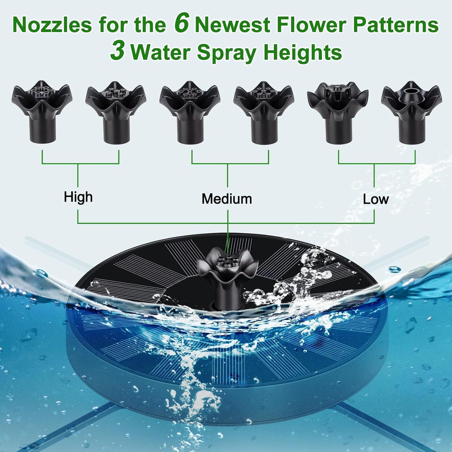 Solar Fountain Pump with Spray Height Adjustment, Upgrade Glass Solar Bird Bath Fountains with 6 Nozzles, Outdoor Solar Water Fountain Pump for Bird Bath, Garden, Pool, Pond