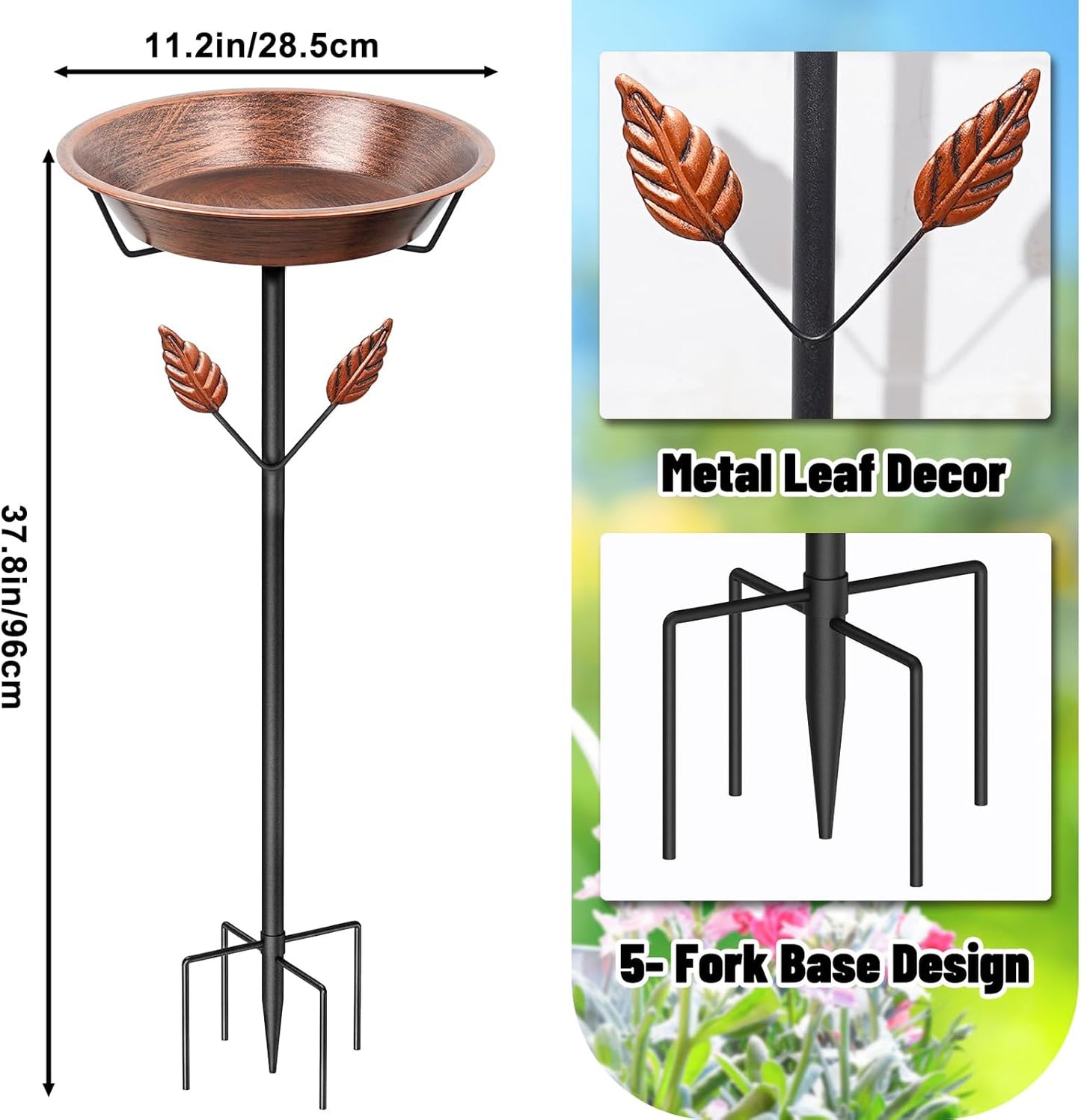 37.8In Metal Bird Bath for Outside, Vintage Birdbaths Removable Feeder Bowl with 5 Prongs Base Stake, Easy to Clean Birdfeeder for Outdoors Garden Yard Lawn Decor(Vintage Brown, Leaf)