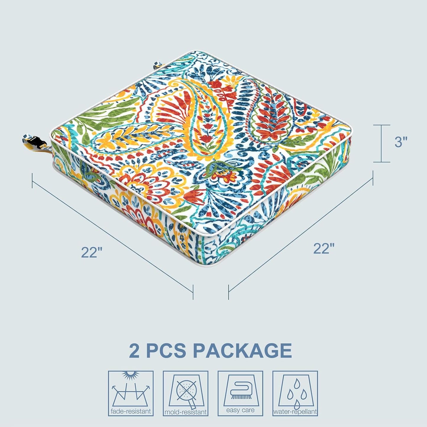 LVTXIII Patio Chair Cushions 22"x22"x3", Water-Repellent Outdoor Seat Cushions for Patio Furniture, Square Chair Pads with Ties for Home Garden Decoration, Set of 2, Paisley Multi