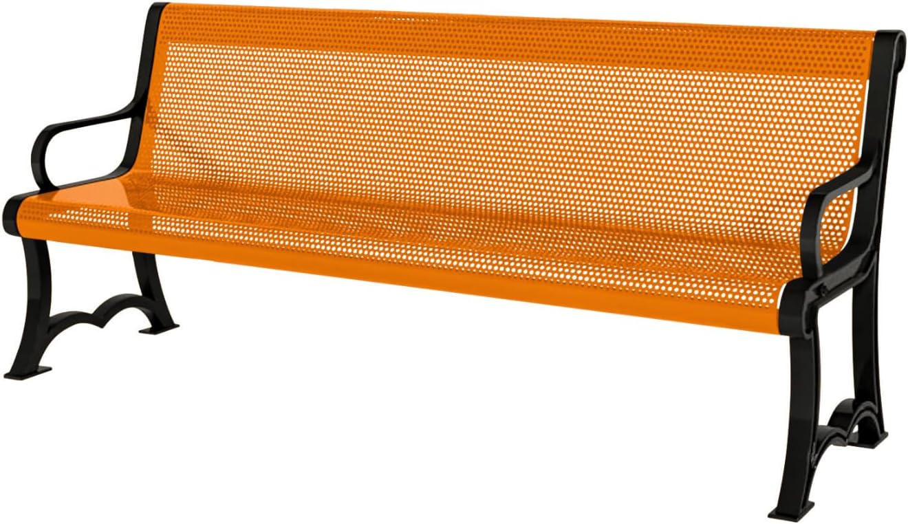 Heavy-Duty Outdoor Bench Thermoplastic Coated, Punched Steel, Commercial-Grade Garden Bench, Made in America (Portable with Back, 4 Ft, Textured Orange)