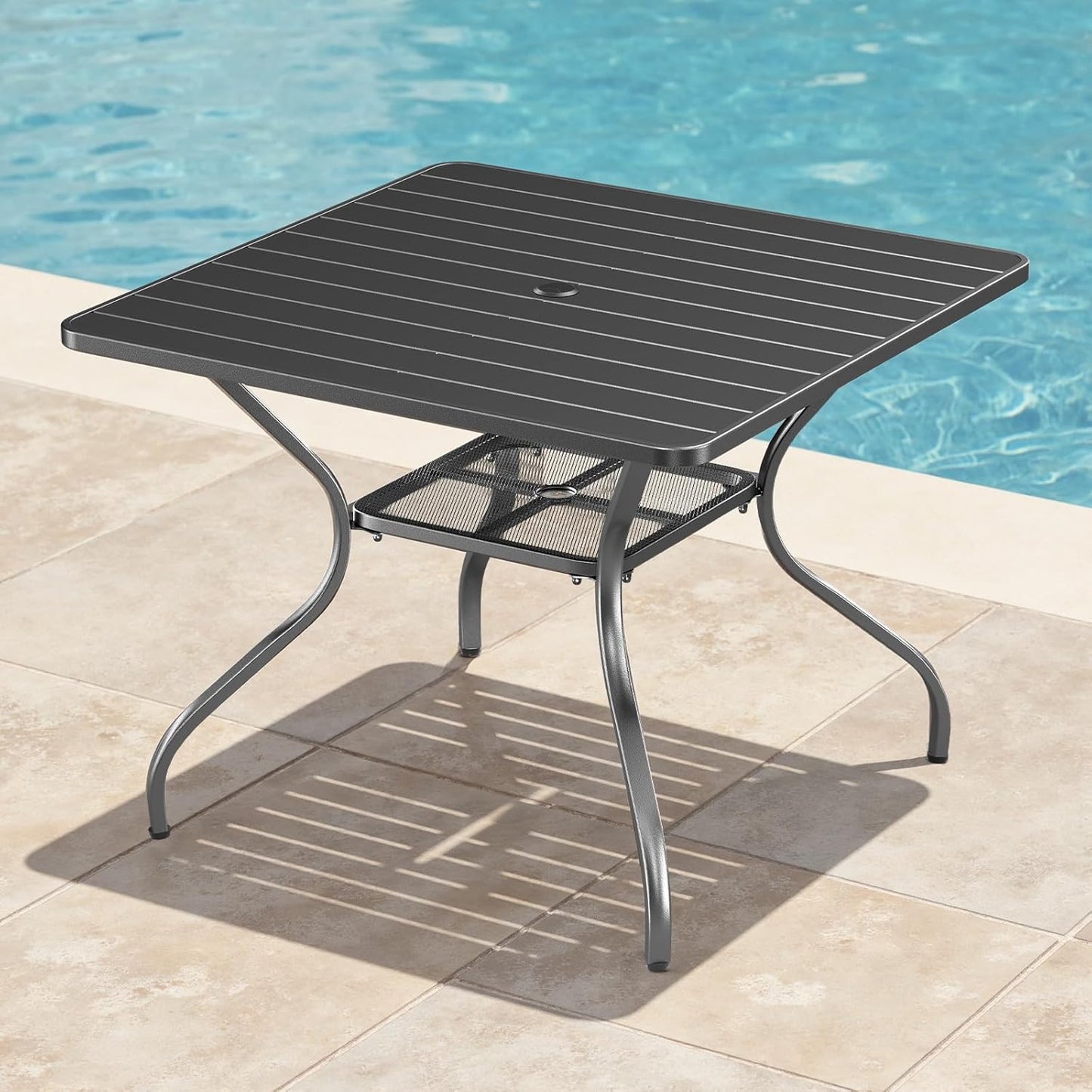 Patio Tables Outdoor Dining Table - Metal Coffee Tables with 2-Tier Storage Shelf 1.57" Umbrella Hole for Outside Proch Deck Balcony Garden Rectangle