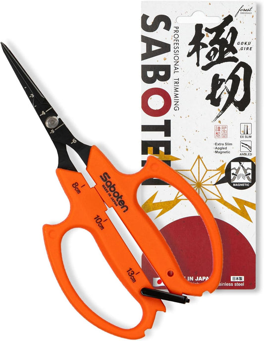 Saboten Japan 6.3" Automatic Japanese Harvesting Shears - Fine-Tipped Angled Blade, Magnetic Springless Action, Stainless Steel with Fluorine Coating, Ergonomic Grip - forest Originals, Made in Japan