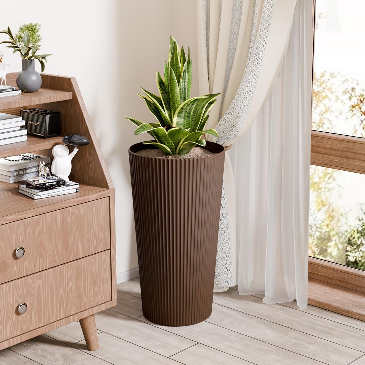 23.6" Tall Outdoor Planters, Set of 2 Large Plastic Flower Pots for Indoor & Outdoor Use, Modern Striped Decorative Garden Planters with Drainage Holes for Patio, Porch, Balcony, Brown