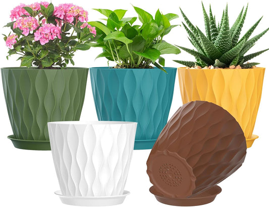 7 Inch Plant Pots Set of 5, Plastic Flower Pots with Drainage Holes and Trays, Planter Pot for Indoor Plants, Decorative Pots for Plants Indoor/Outdoor （Multicolor）