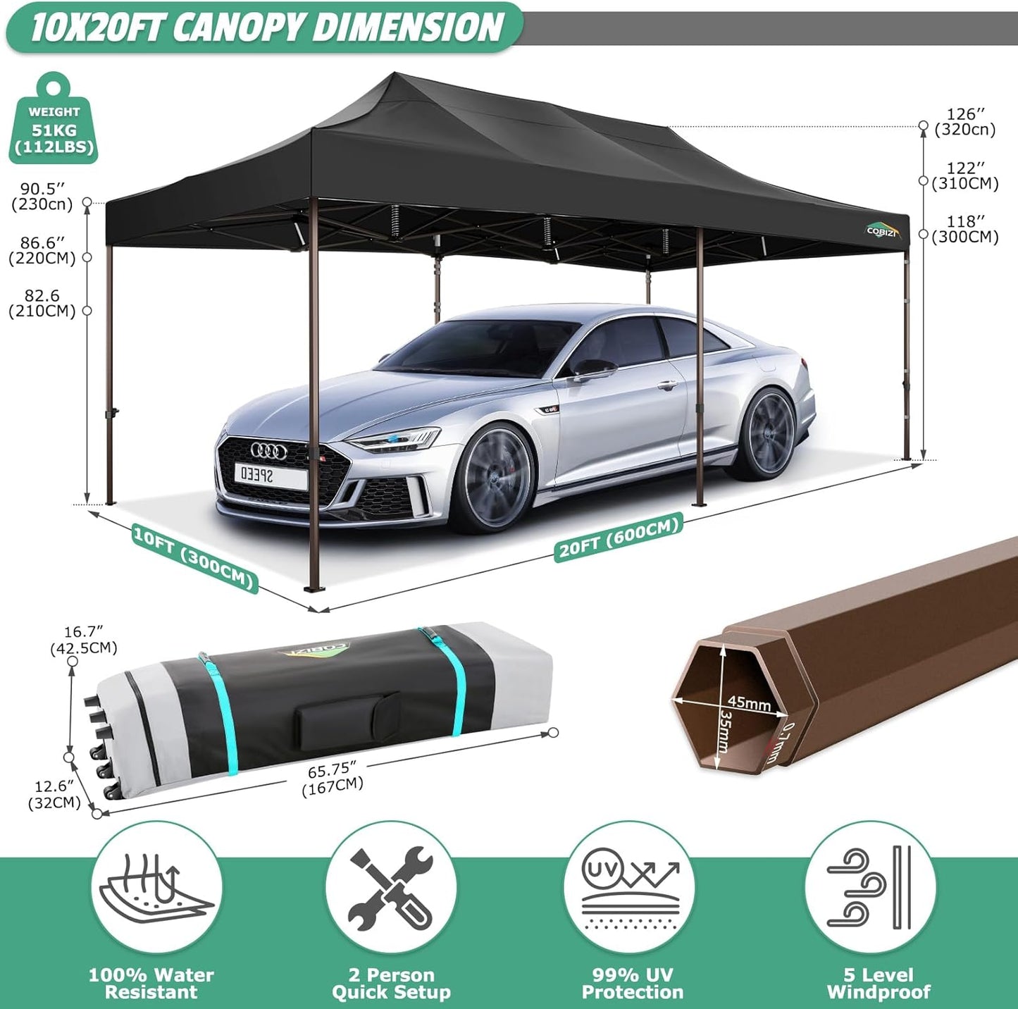 COBIZI 10x20 Pop Up Canopy Heavy Duty Without Sidewalls, Commercial Heavy Duty Pop Up Tent for Parties All Weather Waterproof and UV 50+ Wedding Tent with Roller Bag(Legs Upgraded),Black