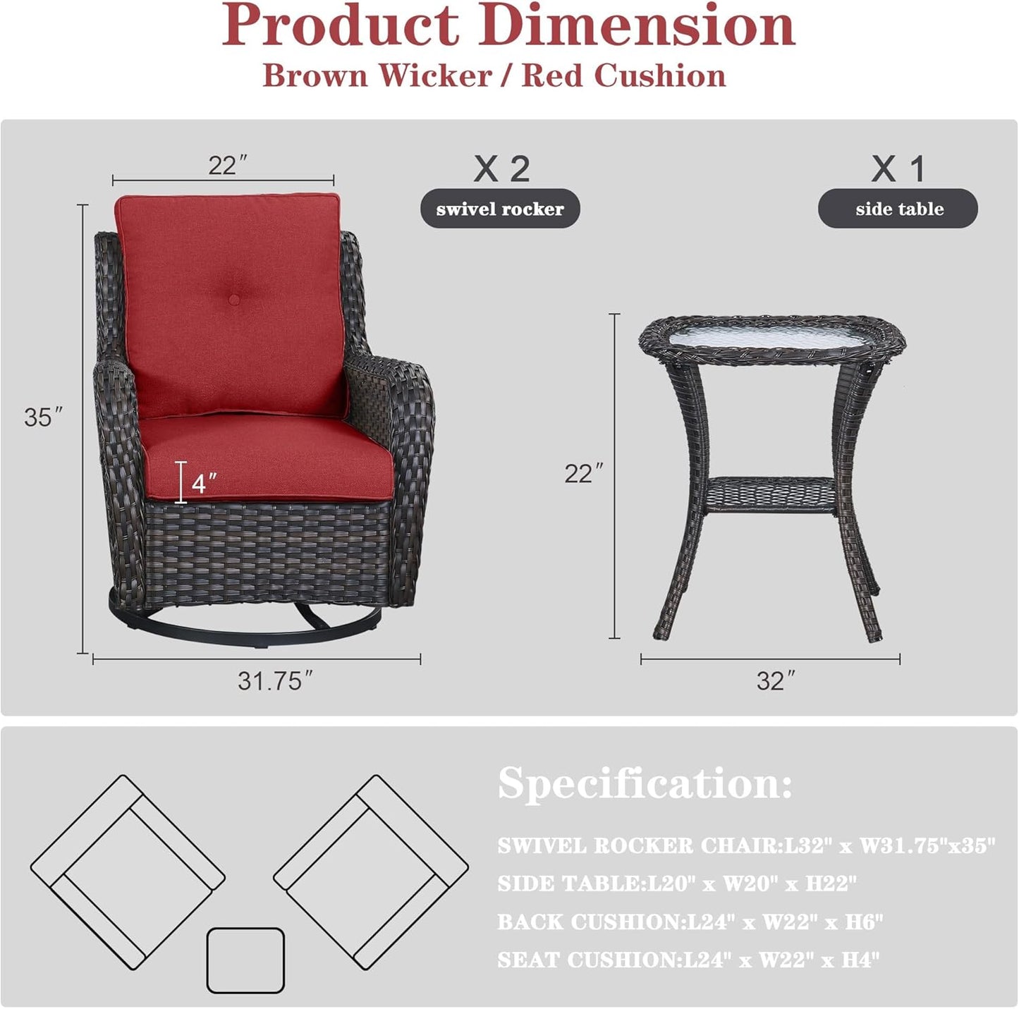 Outdoor Swivel Rocker Patio Chairs - 3 Piece Outdoor Bistro Set Wicker Patio Rocking Chairs Set of 2 with Side Table, 360 Degree Swivel Glider Seating for Porch Balcony Deck Brown/Red