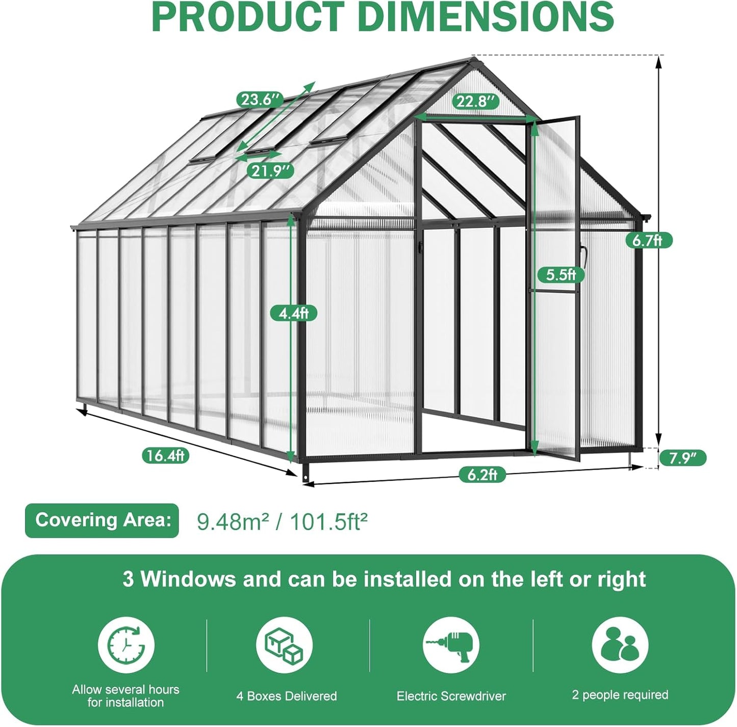 CDCASA 10x16x10 FT Greenhouse for Outdoors, Large Thicker Aluminum Polycarbonate Greenhouses w/3 Vents Window, Swing Door & Quickly T Connector Walk-in Green House for Outside, Backyard, Garden