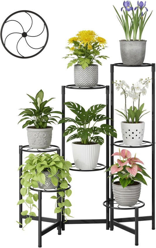 Corner Shlf Patio 7 Tier Metal Plant Stand Indoor Outdoor Tall Metal Flower Pot Stands for Multiple Plants Heavy Duty Plant Shelf Black Kite