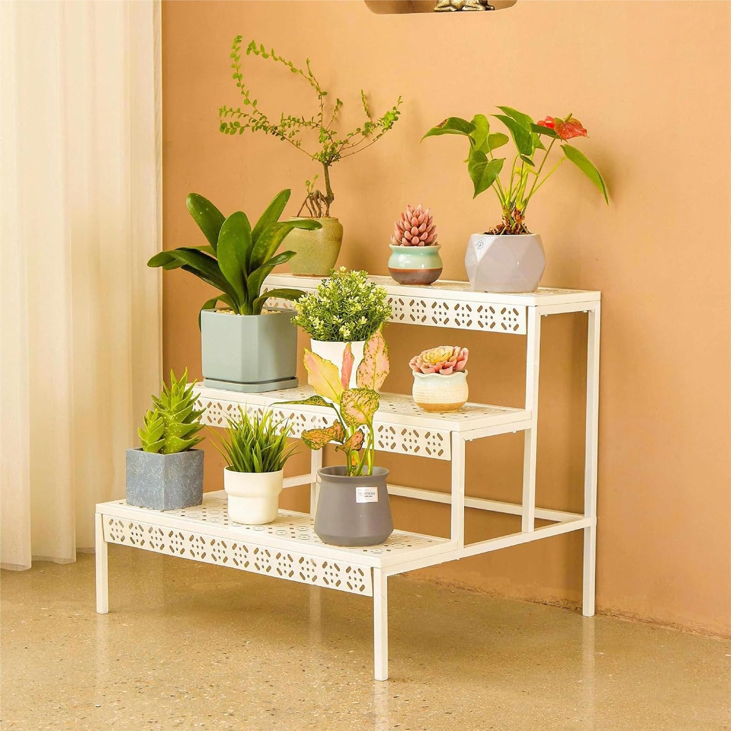 aboxoo 3 Tiers Metal Plant Stand,Rectangular Ladder Flower Pots Outdoor Plant Rack, Indoor Plant Display Rack, Heavy Duty Utility Storage Organizer for Home Garden Patio Balcony, Stair Style(White)