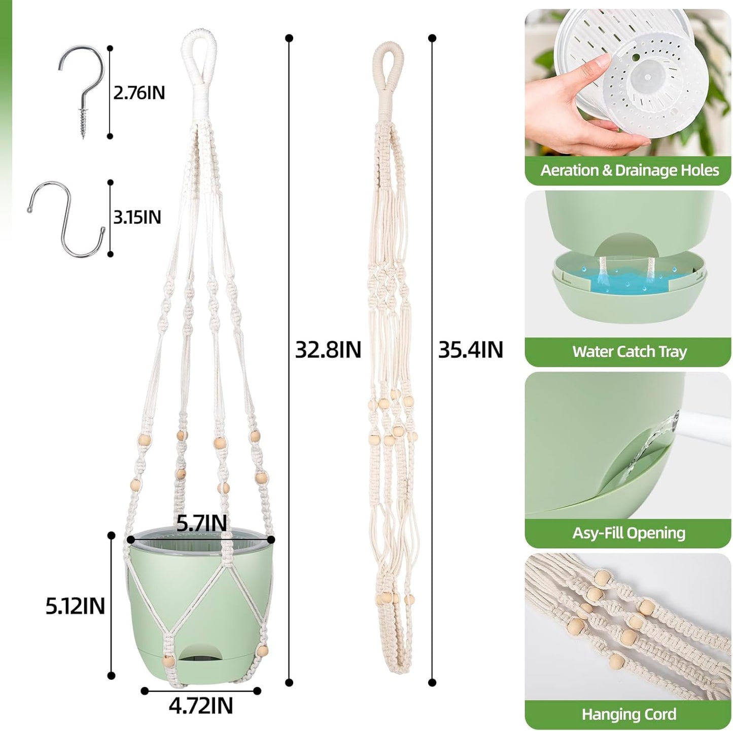 2-Pack 5.7-Inch Self-Watering Hanging Planters for Indoor & Outdoor Plants,34Inch Macrame Hanger Plant Pots Indoor with Drainage,Small Hanging Planters & Baskets,With Two Sets of Hooks（Pure green）