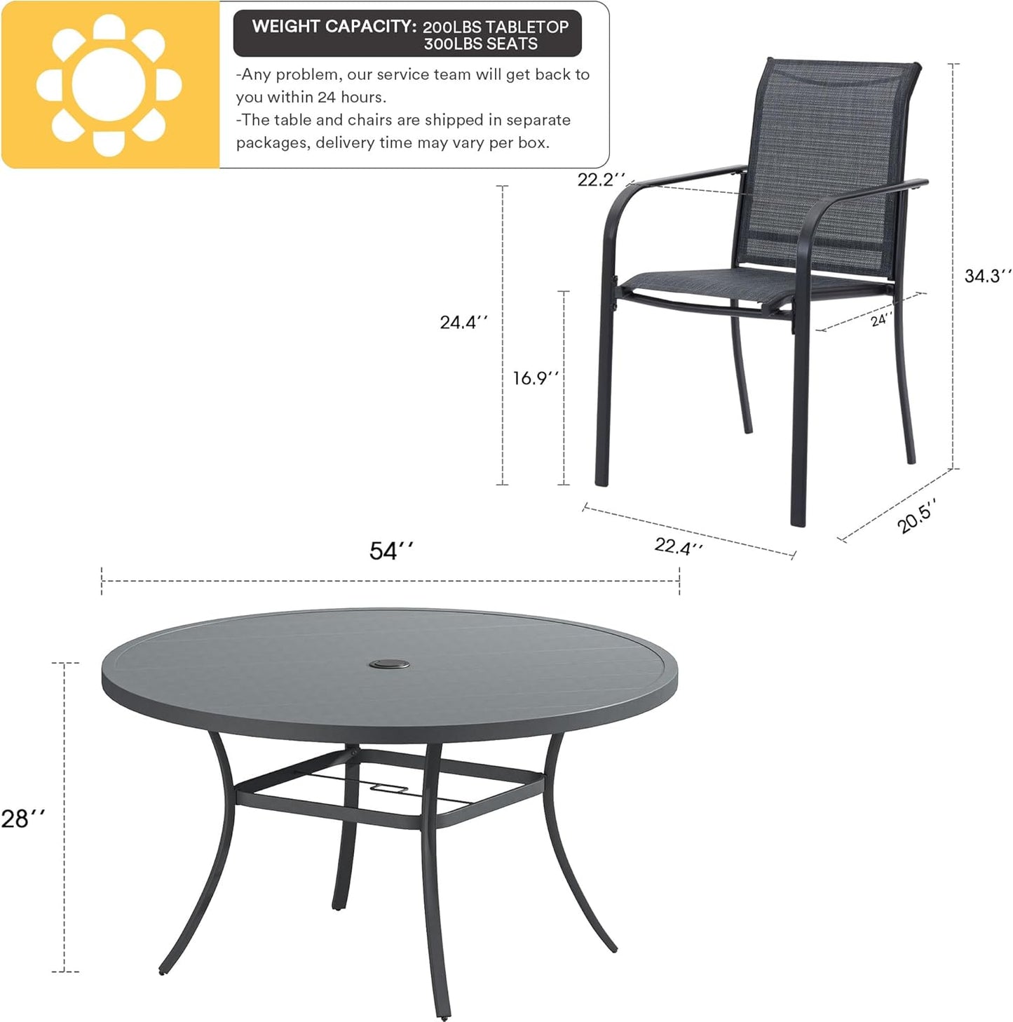 VICLLAX Patio Dining Set for 8, Outdoor Furniture Set Includes 53" Round Patio Table and 8 Patio Sling Chairs, Grey Tabletop and Grey Fabric