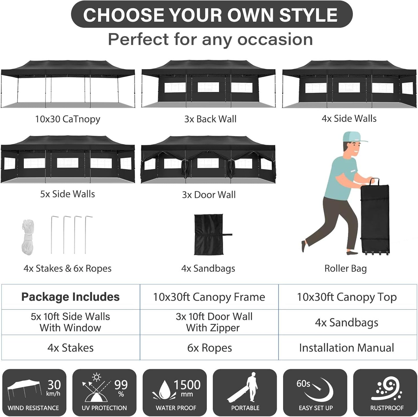 COBIZI 10x30 Pop up Canopy Heavy Duty with 8 Sidewalls, Easy Set-up Commercial Outdoor Party, 100% Waterproof Wedding Canopy Gazebo, 3 Height Adjustable with Wheeled Bag, Black