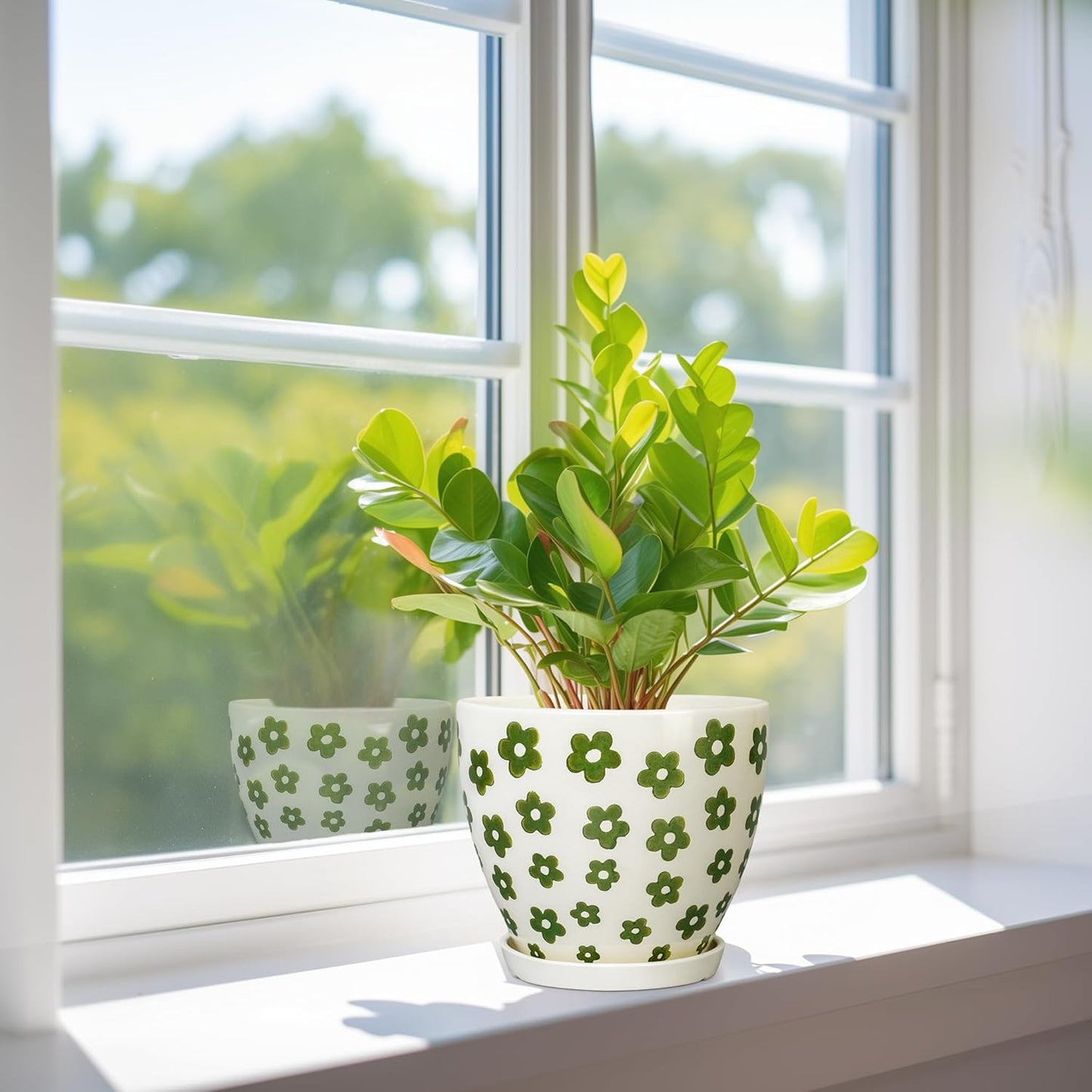 Ceramic Plant Pot - 6.8 Inch Ceramic Planter for Indoor Outdoor Plants, Boho Round Indoor Flower Pot with Drainage Hole and Saucer, Gifts for Plant Lovers, Home Garden Apartment Decor, White