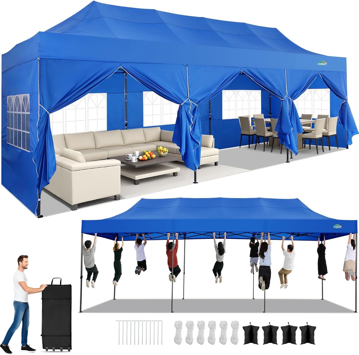 COBIZI 10x30 Pop up Canopy Heavy Duty with 8 Sidewalls, Easy Set-up Commercial Outdoor Party, 100% Waterproof Wedding Canopy Gazebo, 3 Height Adjustable with Wheeled Bag, Blue