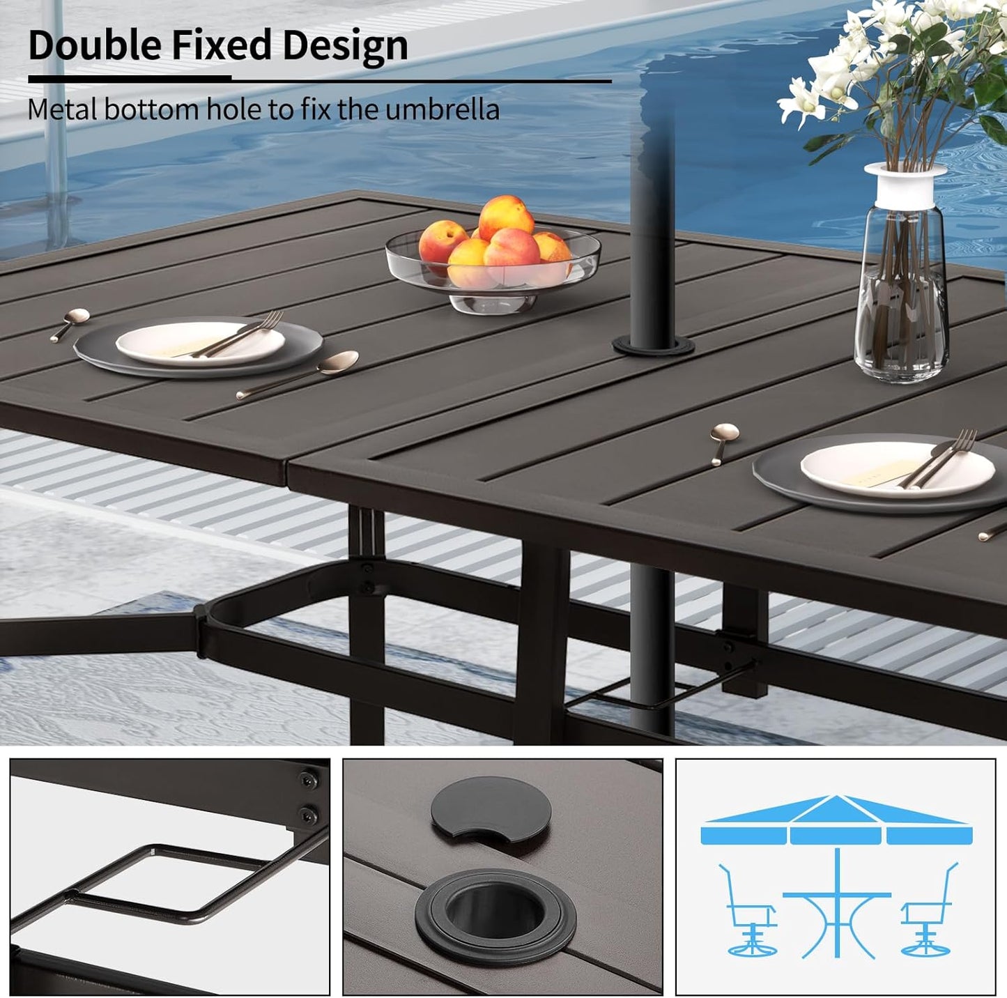 Outdoor Metal Steel Rectangle Patio Dining Table, 6 Person Patio Table with Adjustable Umbrella Hole, Weather-Resistant for Garden Backyard Porch, Dark Brown