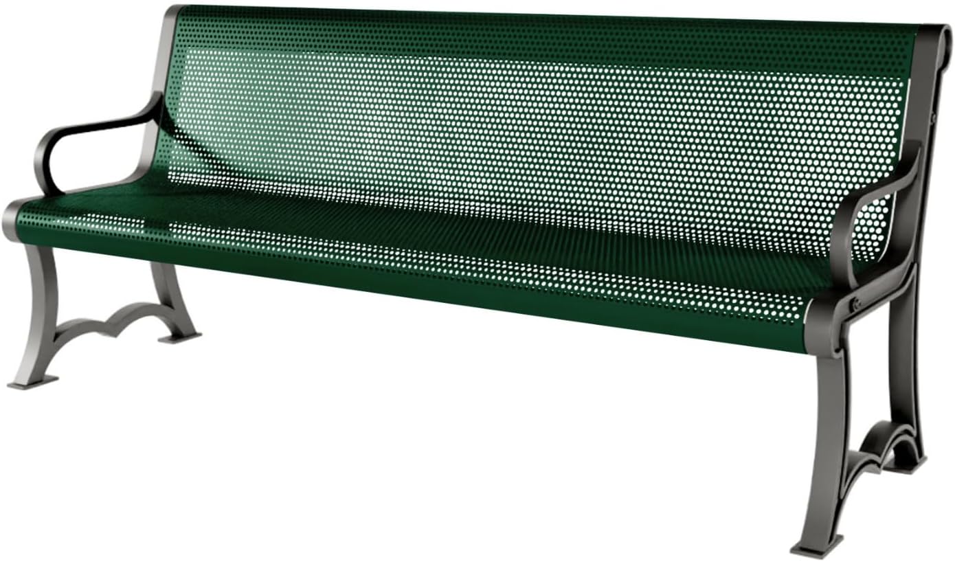 Coated Outdoor Furniture Heavy-Duty Outdoor Bench Thermoplastic Coated, Punched Steel, Commercial-Grade Garden Bench, Made in America (Portable with Back, 6 Ft, Green)