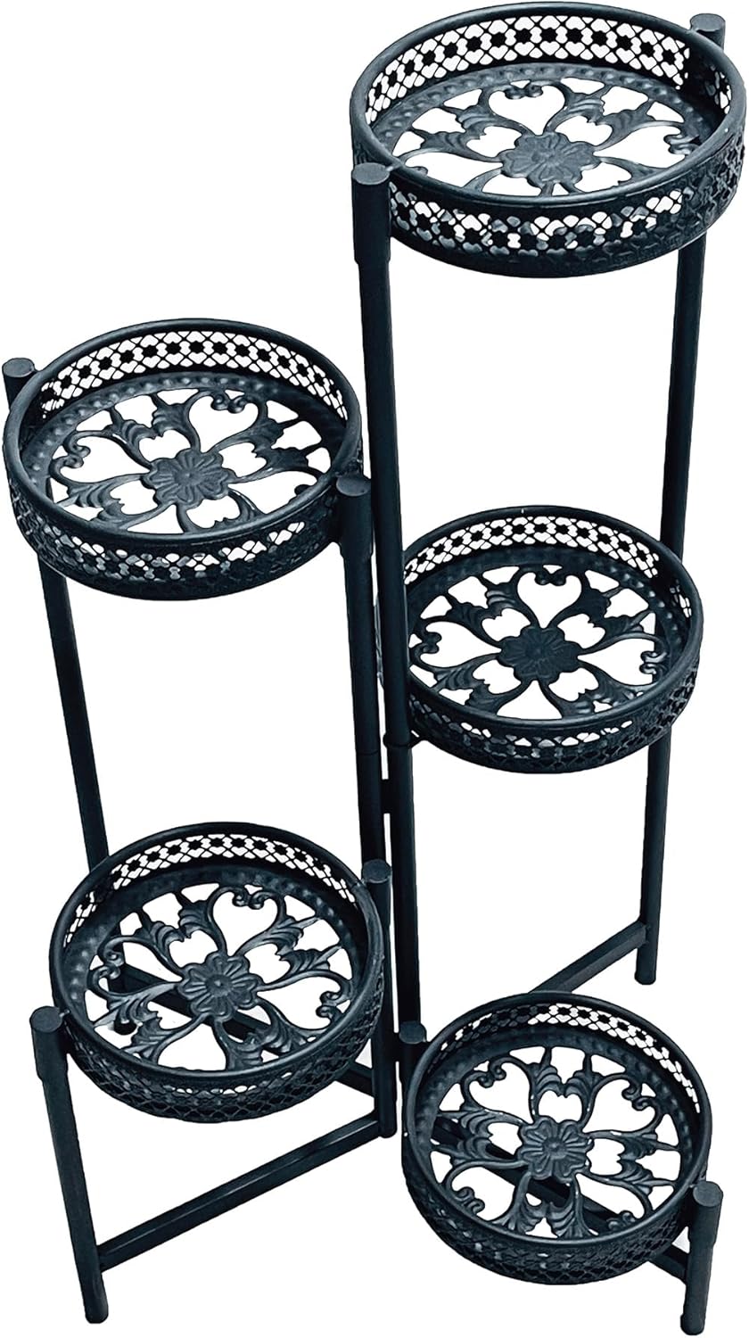 Plant Stand Indoor Outdoor, 5 Tier Corner Metal Flower Display Holder Shelf, Folding Tall Rack for Patio Balcony Porch Garden Living Room House, Heavy Duty Wrought Iron Plant Shelf- BlackWave