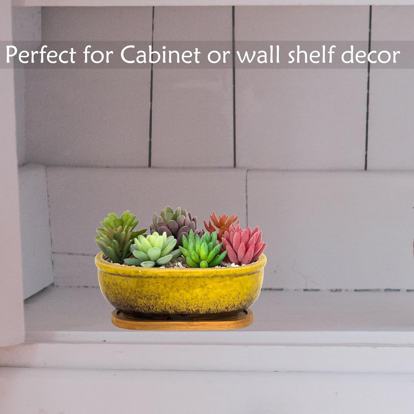 ARTKETTY Succulent Pots, 1 Rectangle Planter + 1 Ceramic Bonsai Pot with Drain Tray, 2 Pack Large Shallow Succulent Planters for Indoor Plants, Round Cactus Flower Plant Pot for Desk Windowsill Decor