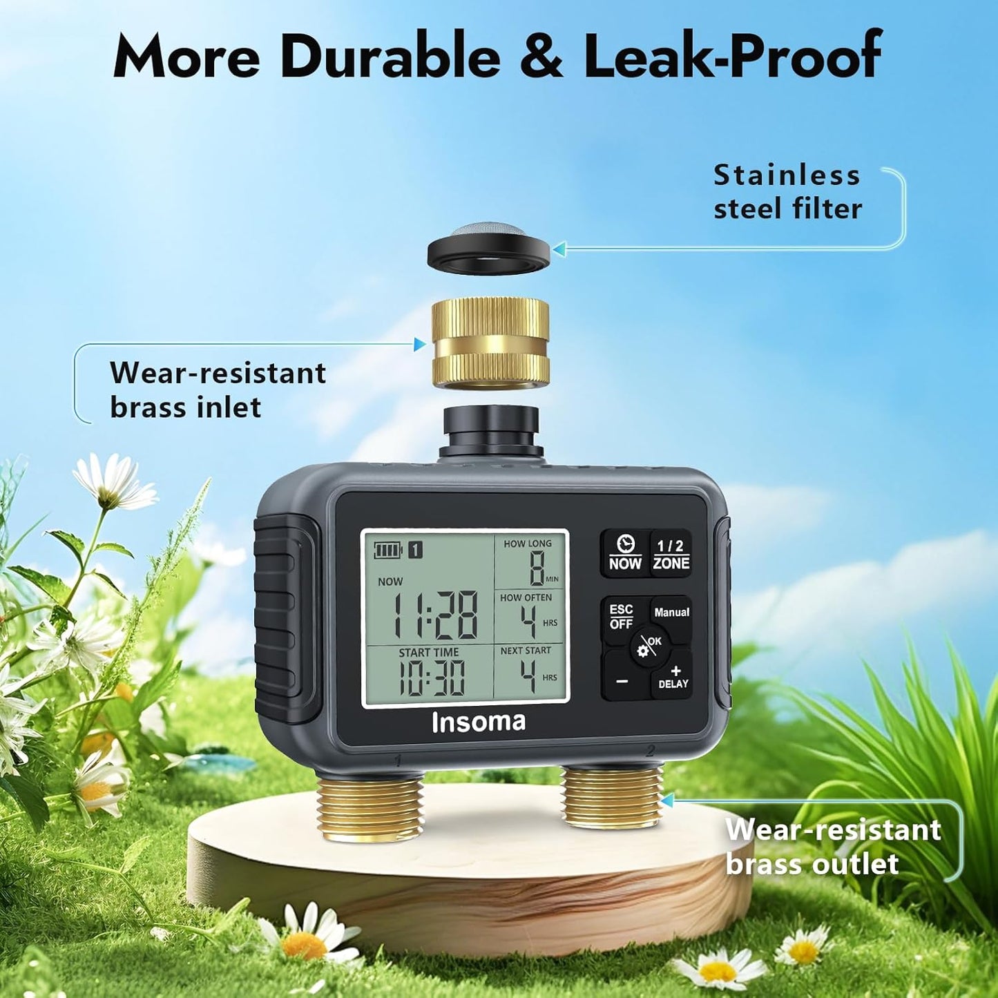Insoma Water Timer with Brass Inlet & Outlet, 2 Independent Zones Outdoor Hose Timer for Garden Faucet with Auto/Manual/Rain Delay Mode, Sprinkler Irrigation Controller for Yard Lawn