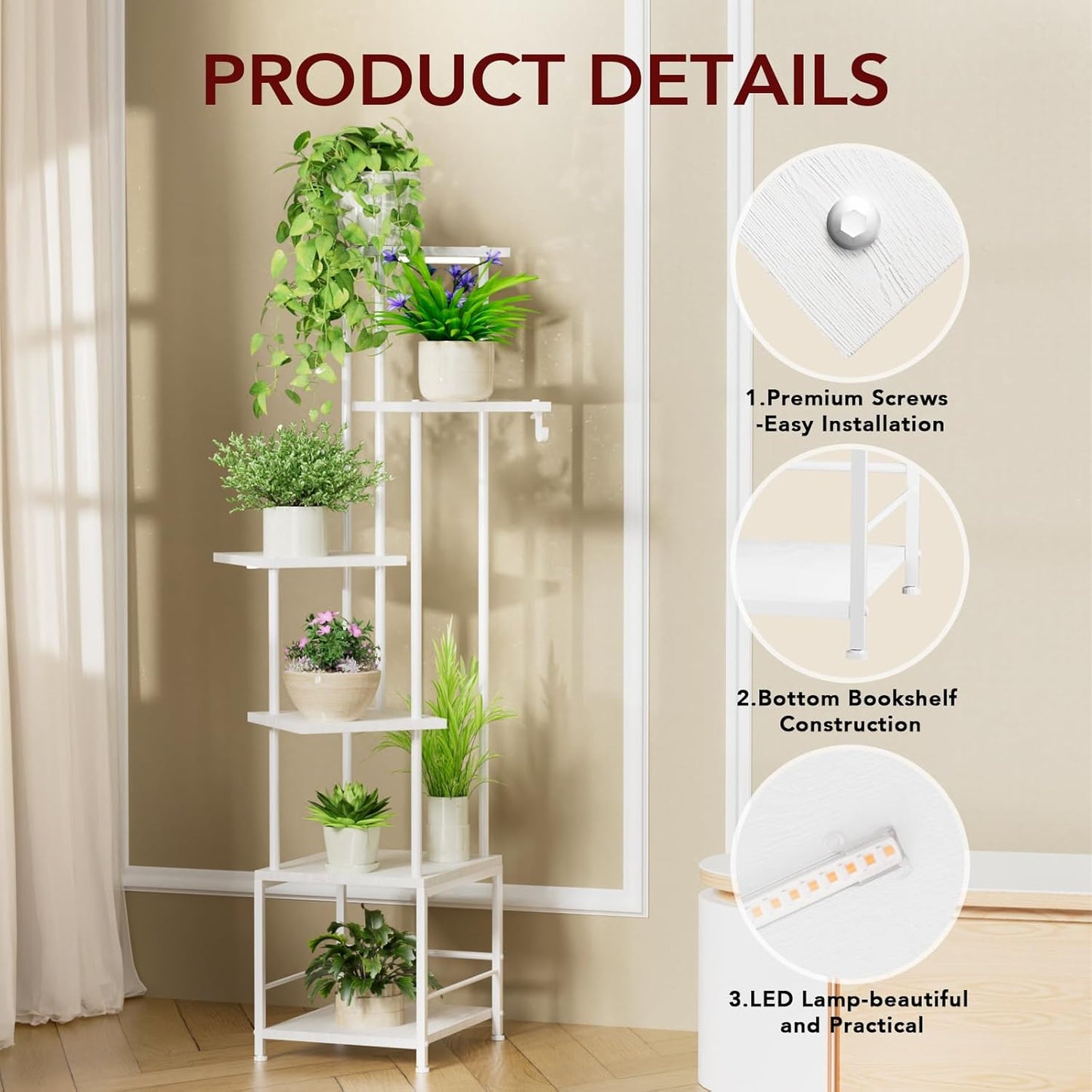 Plant Stand Indoor with Grow Light, 6-Tiered Tall Plant Stand Indoor, Metal Plant Shelf with Hanging Basket Hook and Adjustable Light, Ideal for Living Room, Garden, Patio white