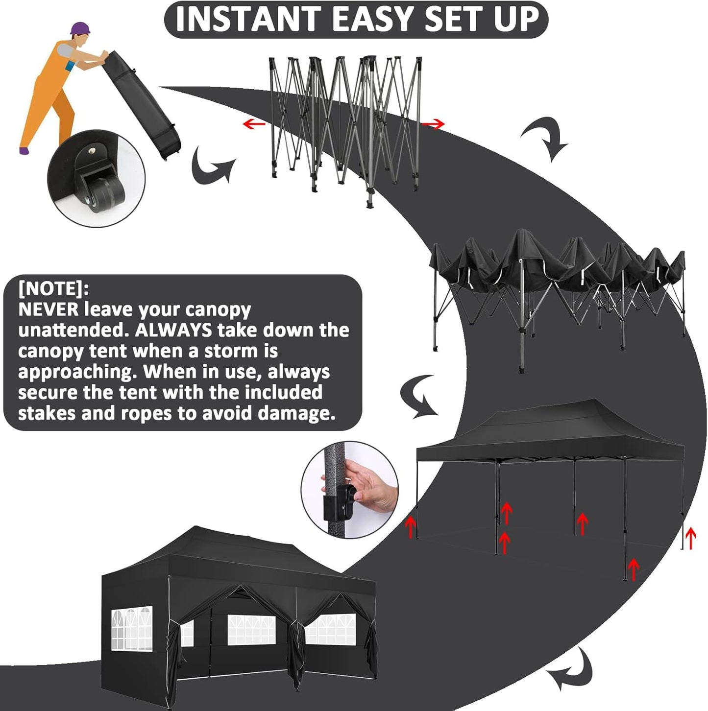 COBIZI 10x20 Pop Up Canopy with 6 Sidewall,Heavy Duty Canopy UPF 50+ All Season Wind Waterproof Commercial Outdoor Wedding Party Tents for Parties Gazebo with Roller Bag(10 x 20 ft Black)