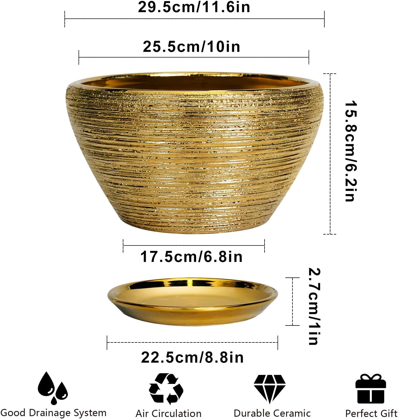 Ceramic Planter 11 Inch - Indoor Plant Pot with Drainage Hole and Saucer Large Planter for Outdoor Plants Mid-Century Decorative Flower Pot for Home Decor Gold
