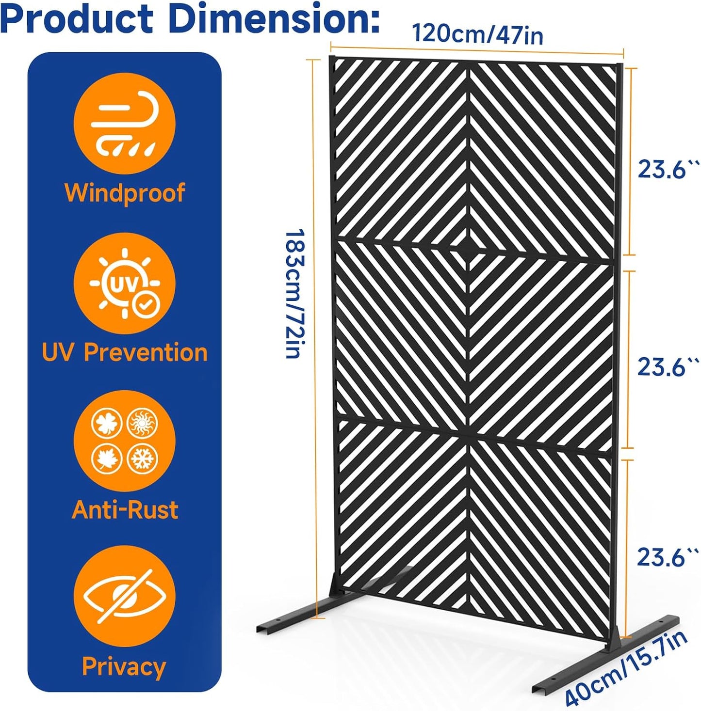 Metal Privacy Screen 72" H x 47.2" Decorative Outdoor Privacy Screen Privacy Panel with Stand for Balcony Deck Patio Lawn Garden, Privacy Fence (Black-Arrow)