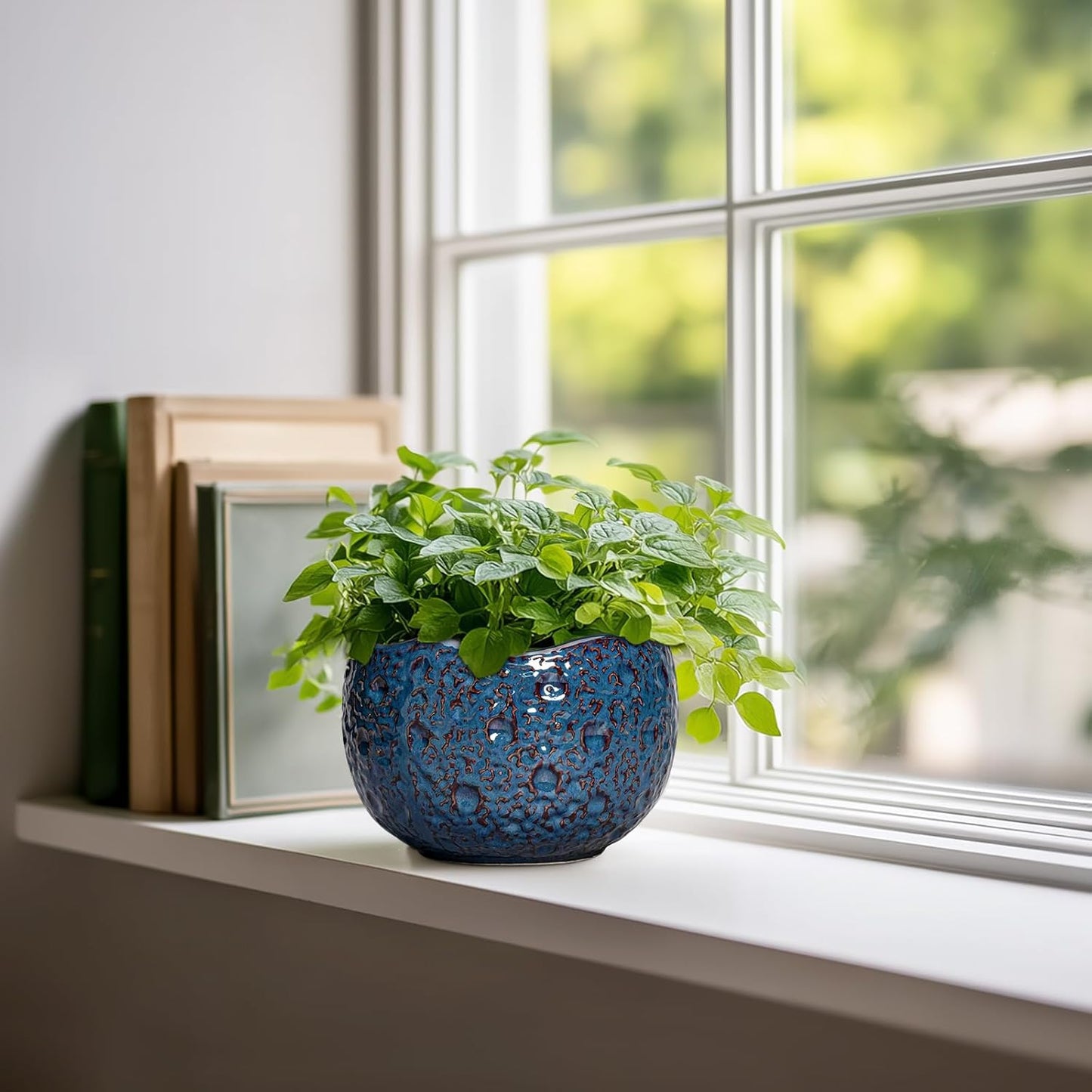 6 Inch Plant Pot - Ceramic Pots for Plants with Drainage Hole, Round Orchid Pot, Unique Planter for Indoor Outdoor, Modern Decorative Flower Pots, Room Decor, Plant Lovers Gifts, Retro Blue