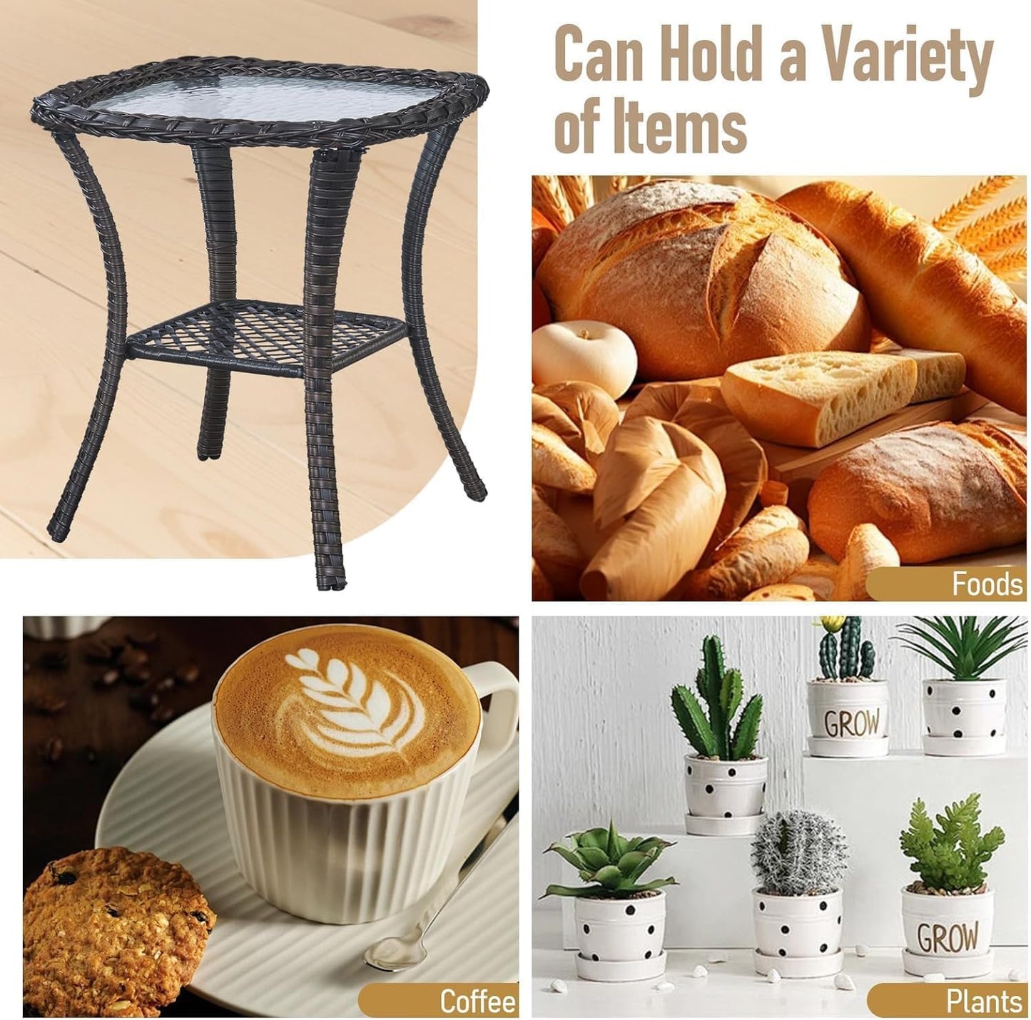 Outdoor Side Table, Brown Rattan Wicker Patio Side Table, Patio End Table, Small Outdoor Side Table with Glass Tabletop and Storage Shelf (Brown)