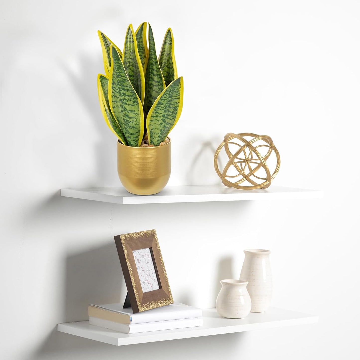 Hollyone Artificial Snake Plant Potted Faux Sansevieria Trifasciata Plants, 13" Tropical Fake Snake Plants in Gold Stainless Steel Metal Pots for Home Office Room Indoor Decor Housewarming Gifts