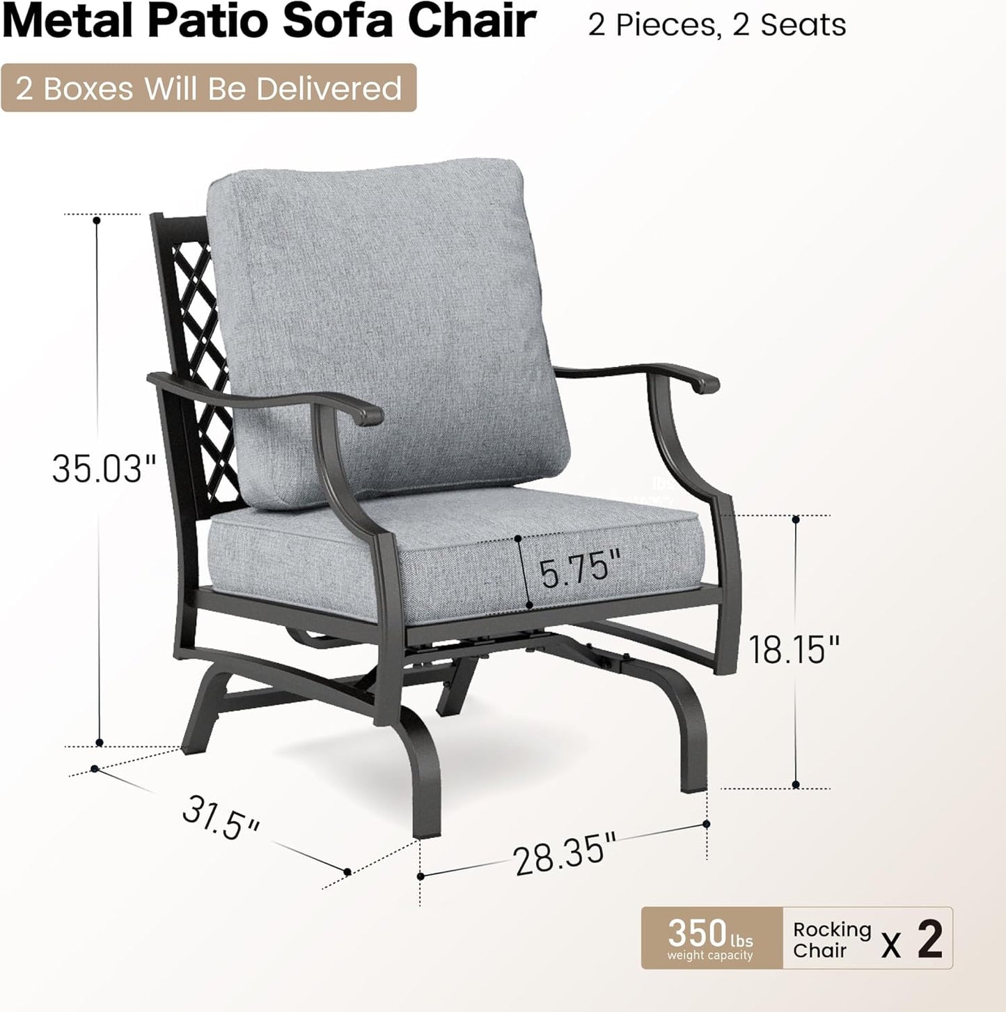 Metal Outdoor Rocker Patio Chairs Set of 2 with 5.75" Extra Thick Cushion, 2 Piece High Back Rocker Patio Chairs All Weather Outdoor Furniture Seating for Deck Balcony Porch, Gray