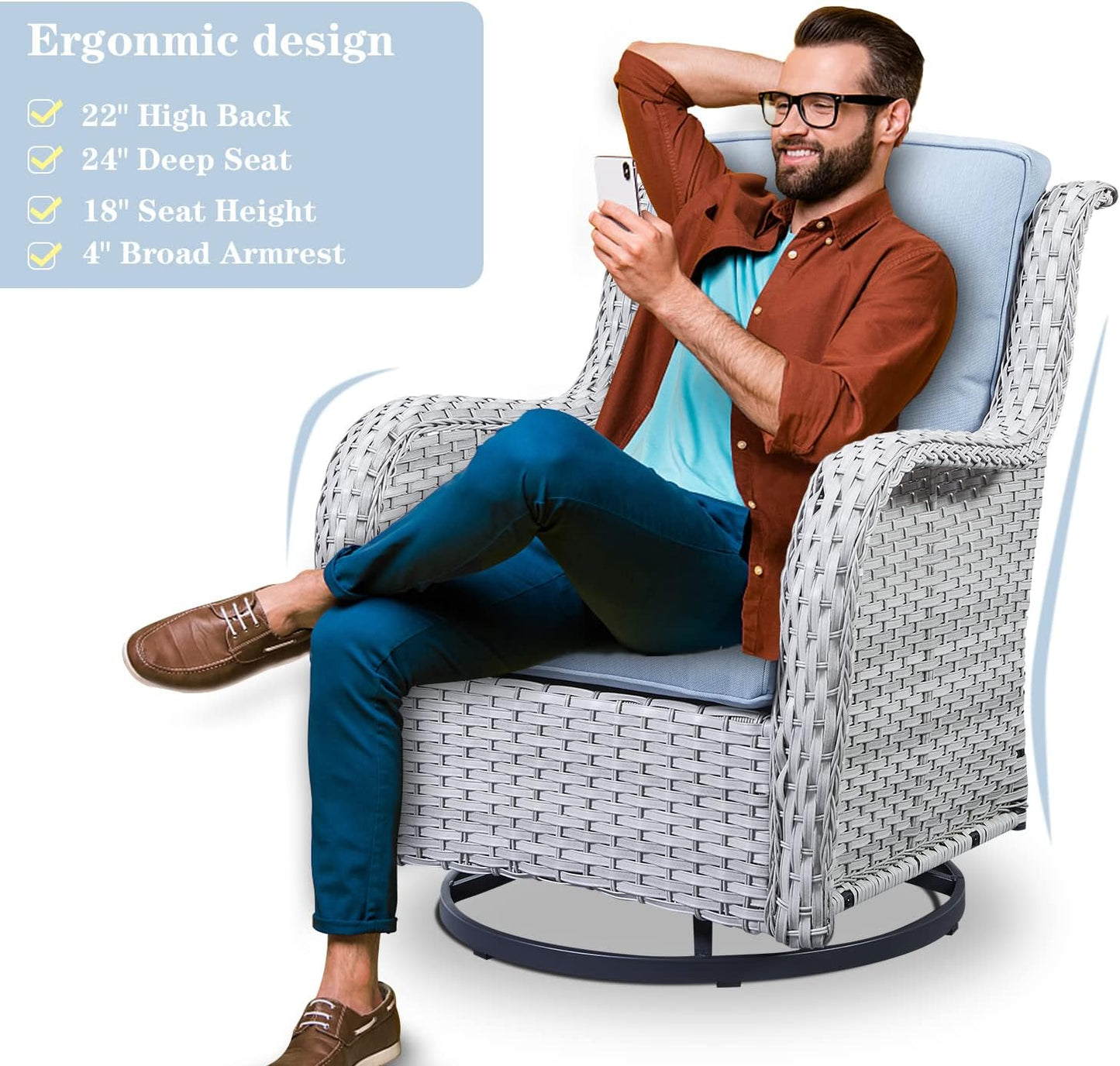 Wicker Outdoor Furniture Patio Furniture Set - 6 Piece Patio Conversation Set with Swivel Rocker Chairs, Rattan Sofa, Ottomans and Coffee Table, Baby Blue Cushion