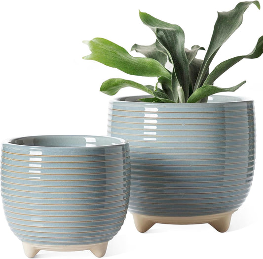 LE TAUCI Ceramic Plant Pots, 5.1 + 6.4 Inch Footed Pots for Plants, Modern Flower Pots for Home and Office, Indoor Planters with Drainage, Reactive Glaze Gray
