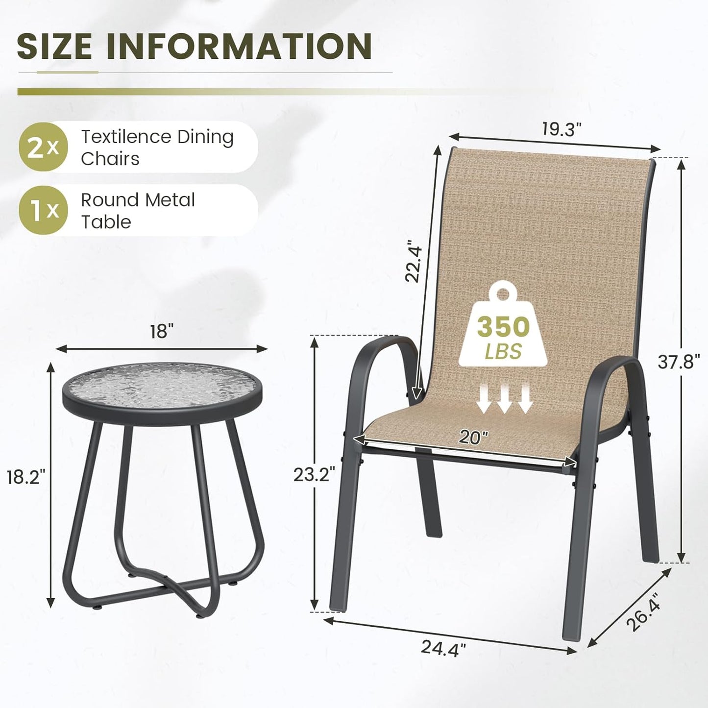 UDPATIO Patio Dining Set of 3, Outdoor Table and Chairs Set with Glass Table, 2 Stackable Patio Chairs with High Back, Outdoor Furniture Sets for Deck Garden Backyard Lawn Poolside (Brown)